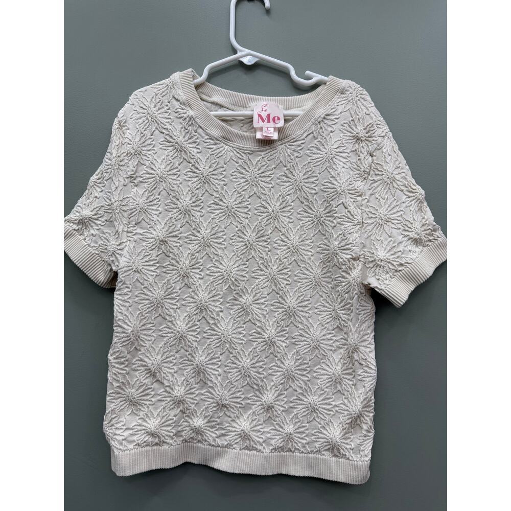 So Me Girls Cream Textured Floral Sweater Top Short Sleeve Size Large